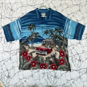 BIG DOGS Hawaiian Camp Shirt Men’s XXXL Blue Dog in Classic Car Palm Trees VTG